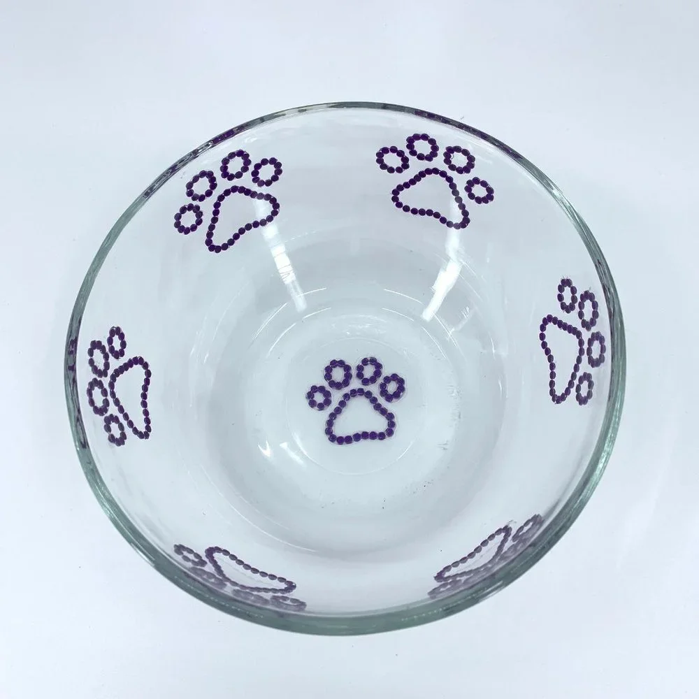 Dog, cat, pet medium water, food glass bowl. Purple paws.